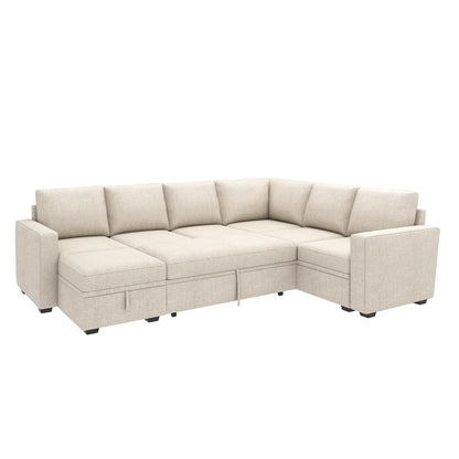 HONBAY Modular Sectional Sleeper Sofa with Pull Out Bed, U Shaped Sectional Couch with Storage Ottoman, Sleeper Sectional Couches for Living Room, Beige