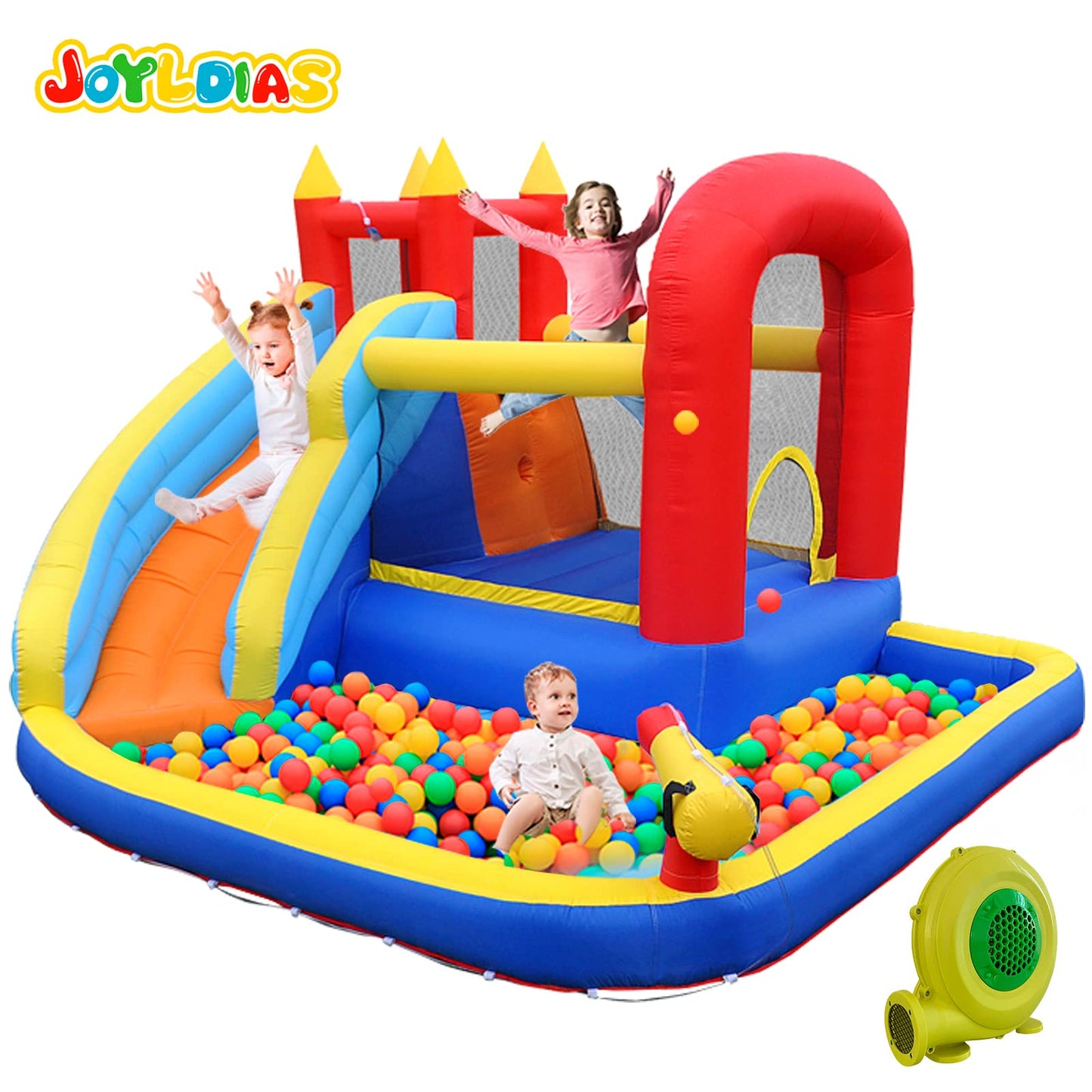 JOYLDIAS Inflatable Water Slide Bounce House,Slide Bouncer Castle Playhouse w/Splash Pool,Jump Area, Climbing Wall,Basketball Hoop,450W Air Blower for Kids Backyard Indoor Outdoor Use,Free Water Gun