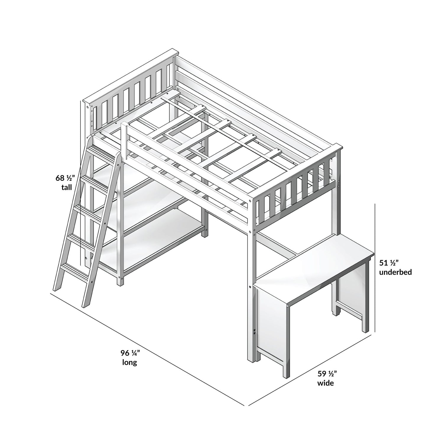 Max & Lily High Loft Bed, Twin Bed Frame for Kids With Bookcase and Desk, Clay