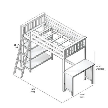 Max & Lily High Loft Bed, Twin Bed Frame for Kids With Bookcase and Desk, Clay