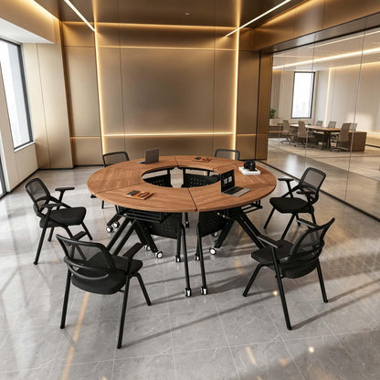JFazzruit Folding Conference Table,Fan-Shaped Conference Room Tables with Wheels, Mobile Modular Seminar Meeting Desk for Classrooms,Office & Seminar (2, Fan-Walnut)