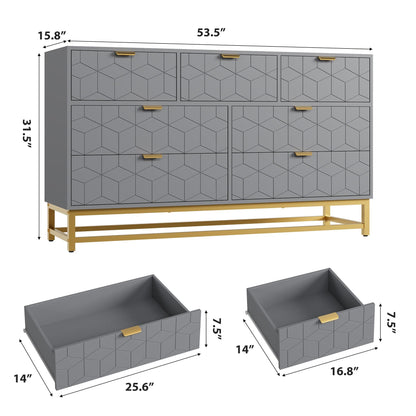 Dresser for Bedroom, 53.5" Wide Dresser Organizer, 7 Drawer with Golden Metal Handle and Legs, Modern Chest of Drawers for Closet, Hallway, Living Room, Entryway, Grey