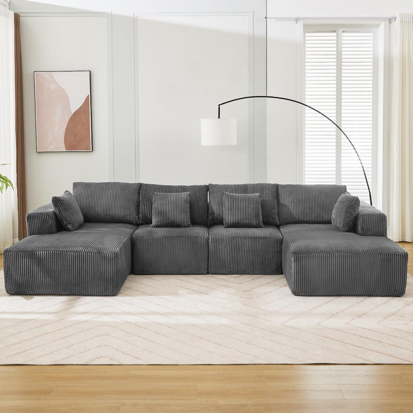 137" Oversized Cloud Boneless Sofa Couch with Chaise, Modern Corduroy u Shaped Modular Sectional Sofa with Deep Seat, No Assembly Required, Convertible Compression Sleeper Sofa for Living Room