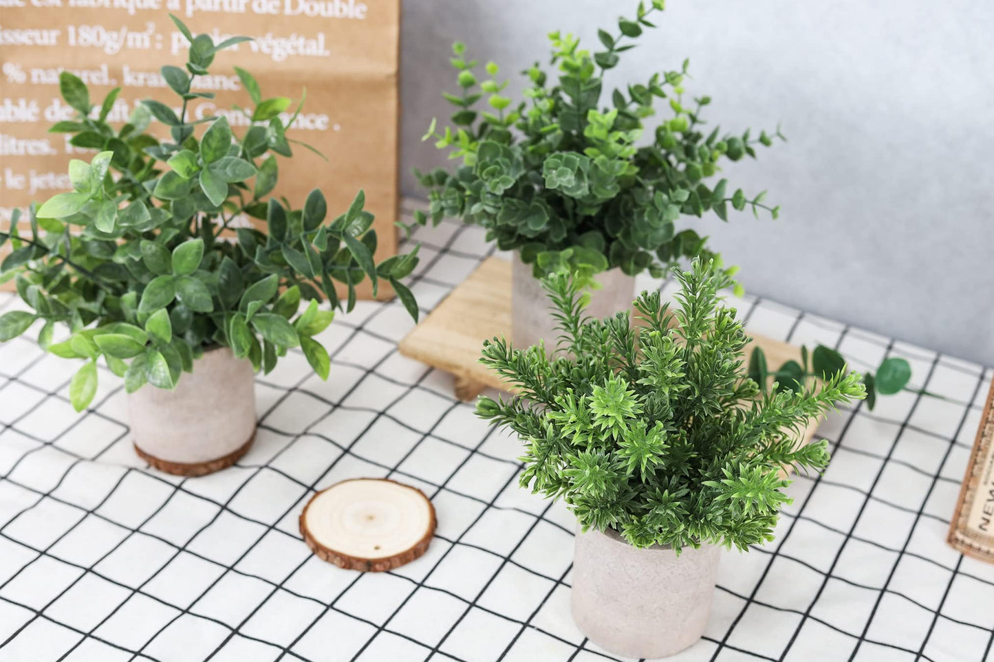 Der Rose 3 Pack Mini Potted Fake Plants Artificial Plastic Eucalyptus Plants Topiaries for Home Office Desk Farmhouse Shelf Room Bathroom Decor(Green)