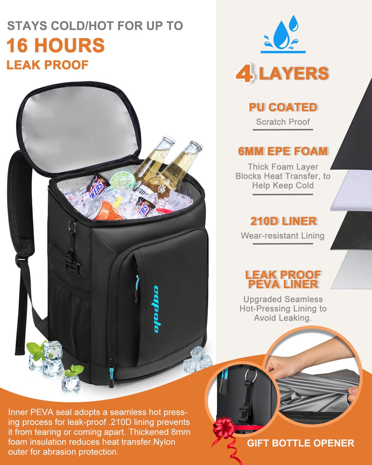 Capolo Cooler Backpack Insulated Waterproof for Women Men, Leak Proof Backpack Coolers Thermal Bag Soft Travel Cooler Bag Ice Chest Lunch Back Pack for Camping Picnic(Deep Black Leather,36 Cans)