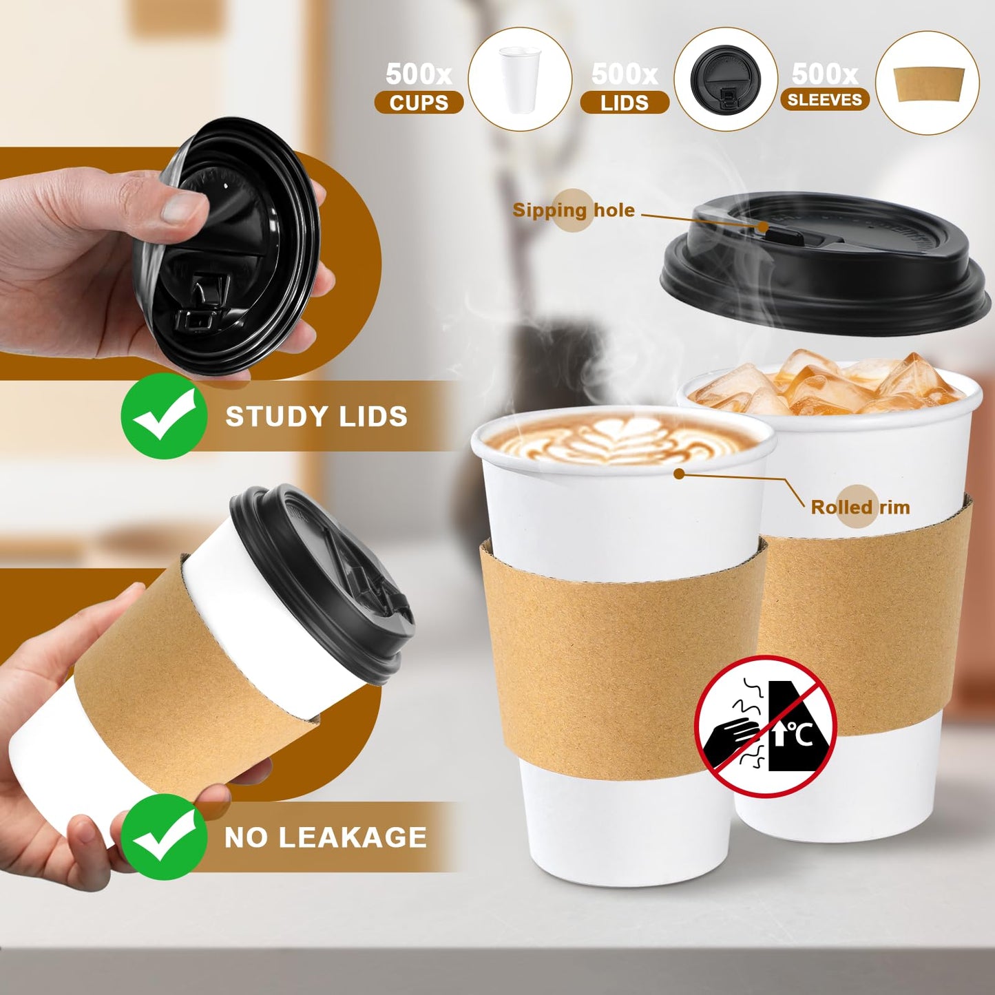 Lamosi 50 Pack 12 oz Disposable Coffee Cups with Lids and Sleeves, Leak-Proof To Go Coffee Cups with Lids, Hot/Cold Beverage White Drinking Cup for Home, Office, Parties, Travel