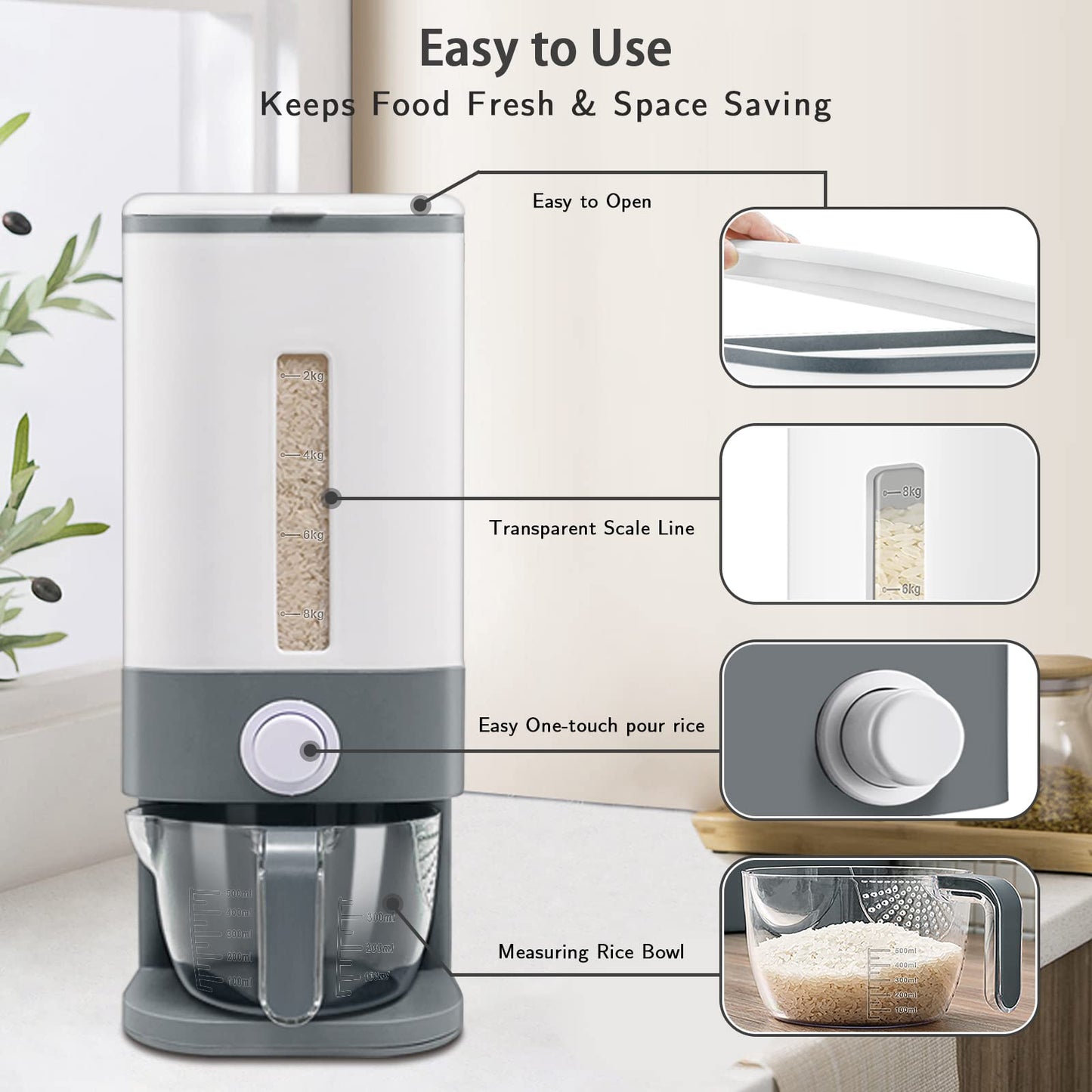 Lenwi 22-25 Lbs Rice Dispenser, Large Cereal Dry Food Storage Containers with Measuring Cup,BPA-Free Household for Kitchen Pantry Organization-Grey