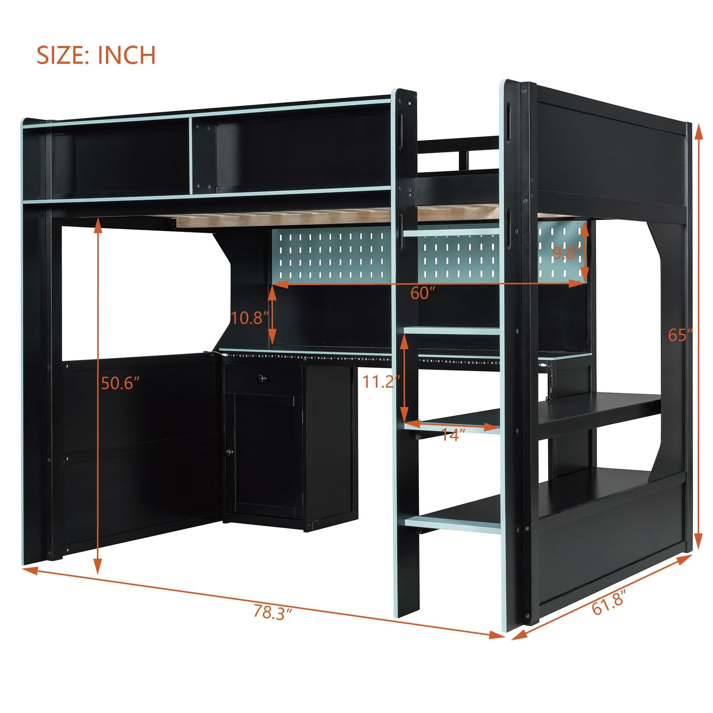 Merax Full Size Gaming Loft Bed with Integrated Desk and Lights, Modern Wooden Bed Frame with Desk and Built-in Charging Station, Black+Blue