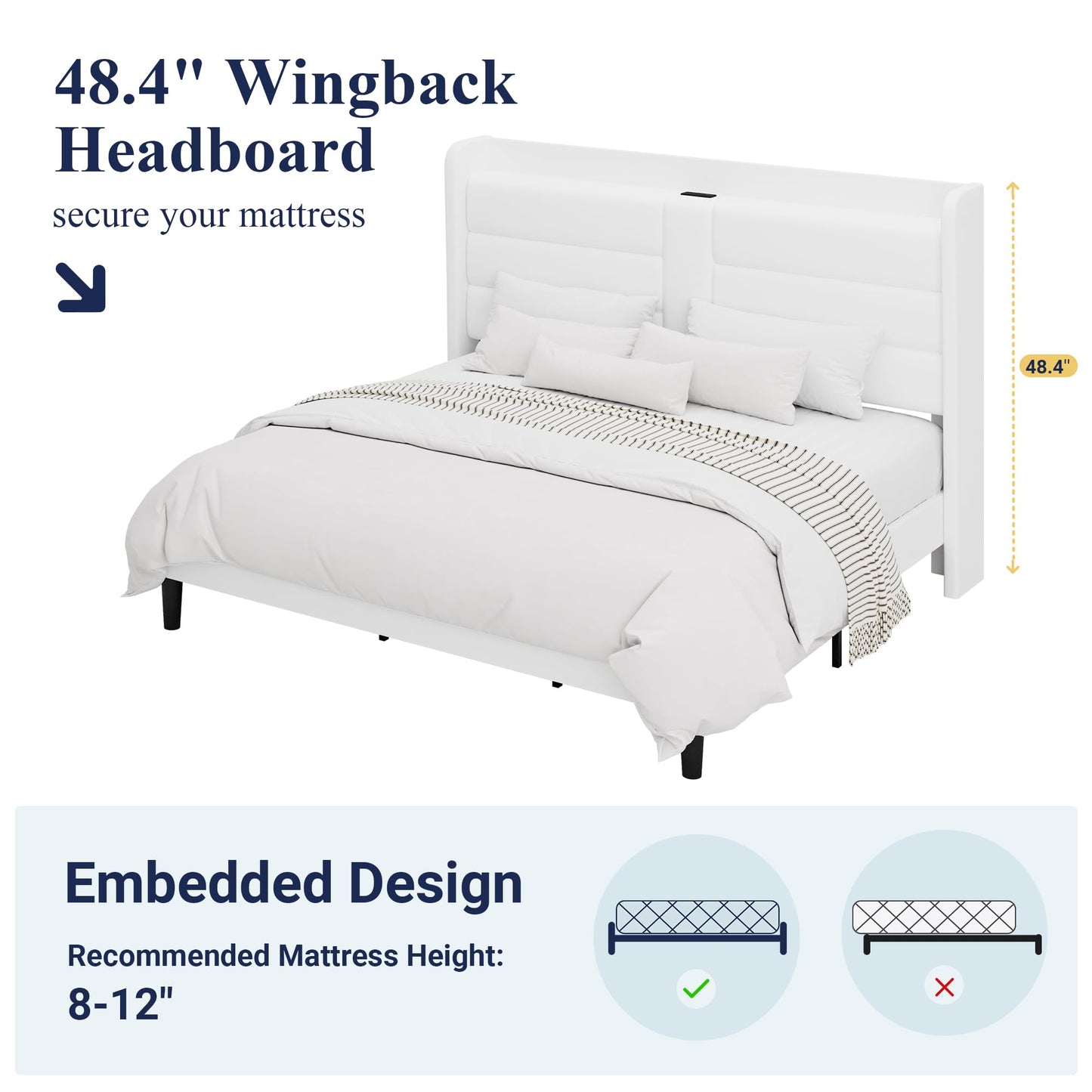 Allewie King Size Platform Bed Frame with Charging Station & Storage Headboard, Upholstered Velvet Wingback Design & USB Port, Strong Wooden Slats Support, No Box Spring Needed, Easy Assembly, White