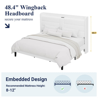 Allewie King Size Platform Bed Frame with Charging Station & Storage Headboard, Upholstered Velvet Wingback Design & USB Port, Strong Wooden Slats Support, No Box Spring Needed, Easy Assembly, White