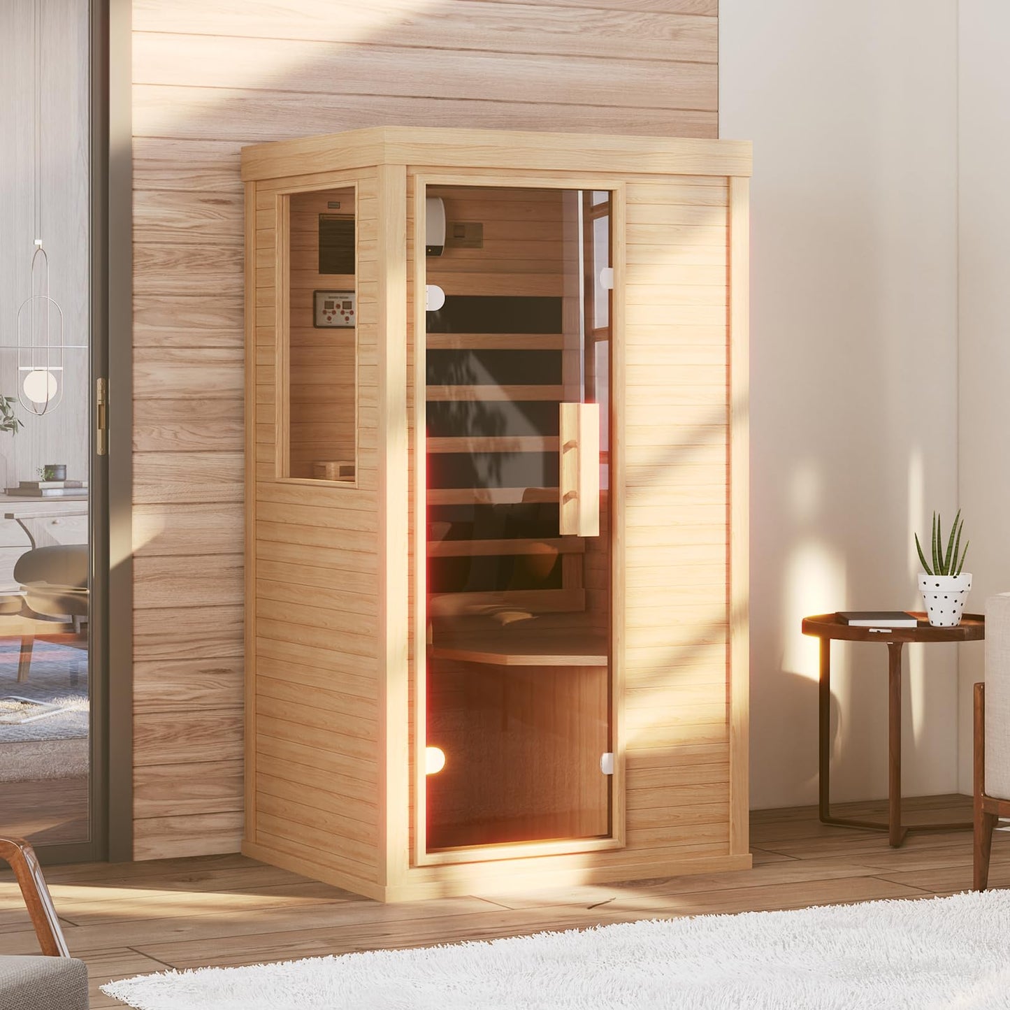 Wood Infrared Home Sauna Room, 1 Person Traditional Indoor Saunas, Canadian Hemlock Dry Sauna Spa for Low EMF with Tempered Glass Door, Bluetooth Speakers and Control Panel, 32.6 x 27.5 x 59.5 Inch