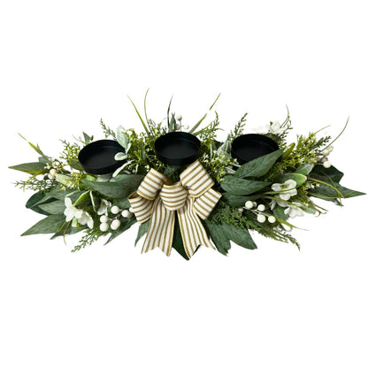 Candle Holder Centerpiece for Table,3 Wick Candle Holder with Artificial Gypsophila Flower,Artificial Eucalyptus Leaves Magnolia Holly Berries and Striped Bow for Table Centerpiece Decor,Dining Room