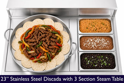 Stainless Steel Concave Discada Grill Stove with 3 Pan Steam Table-Large Comal Taco Cart-with Hose + Regulator-Ideal for Commercial and Home Use