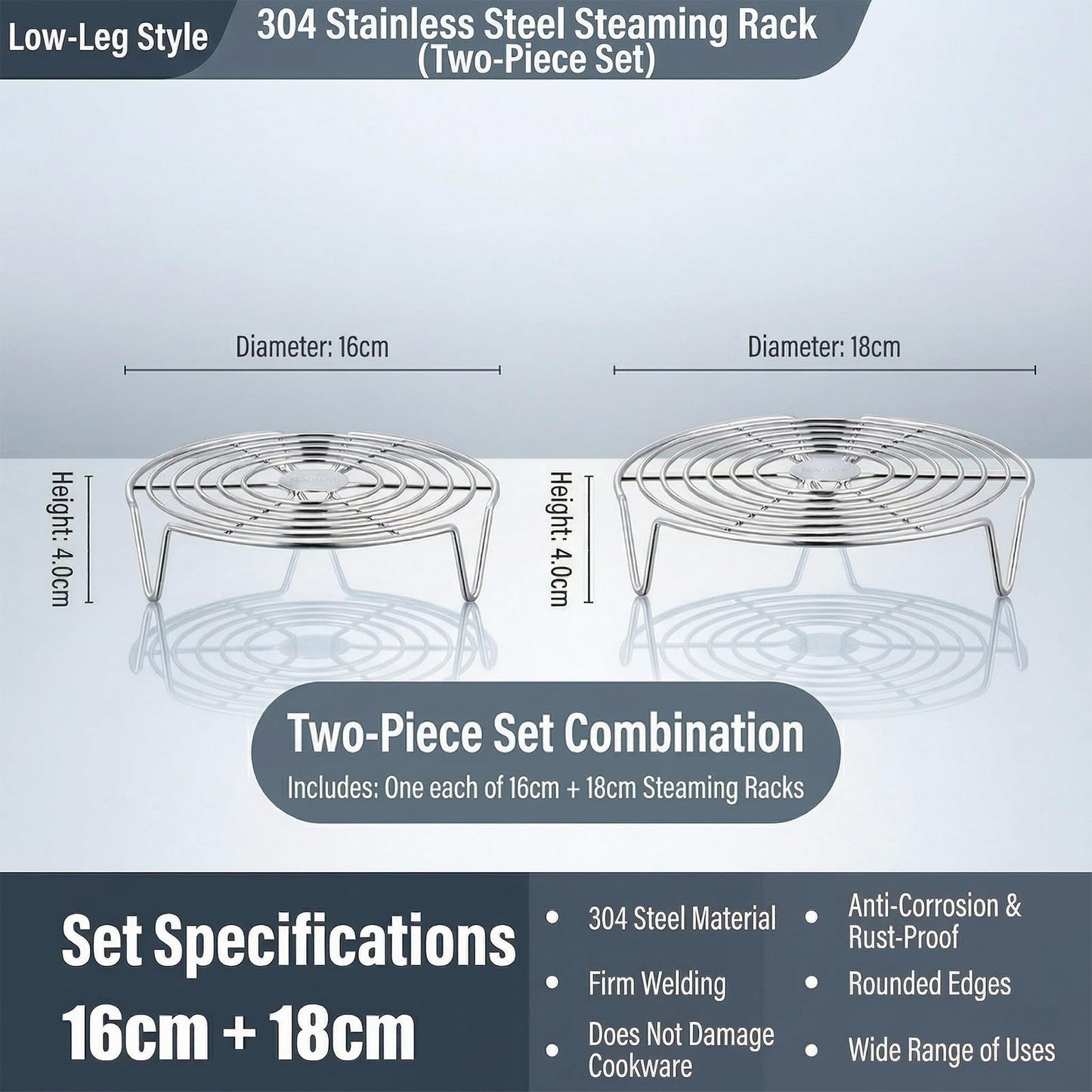 Round Steamer Rack 2 Pcs, 2.5mm Thick 304 Stainless Steel Cooking Trivet, 1.57 Inch High Legs Wire Stand for Air Fryer and Stockpot, Cooling Baking Roasting Insert (6.3 & 7.1 Inch)