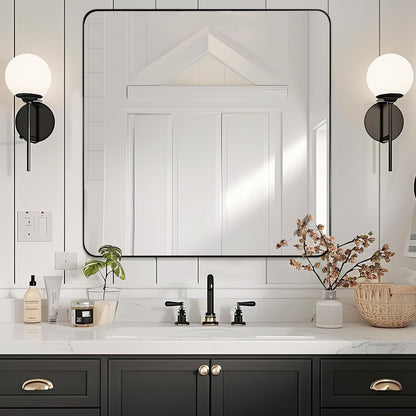 ANDY STAR Square Wall Mirror - 24”x24” Matte Black Metal Mirror with Rounded Corners | Premium Stainless Steel Frame