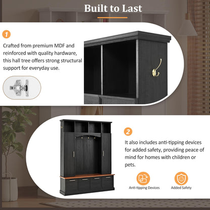 Merax 59" Farmhouse Hall Tree with Golden Hooks & Walnut Bench, Entryway Organizer with Adjustable Shelves, Shoe Storage, Anti-Tip for Mudroom, Living Room, Black
