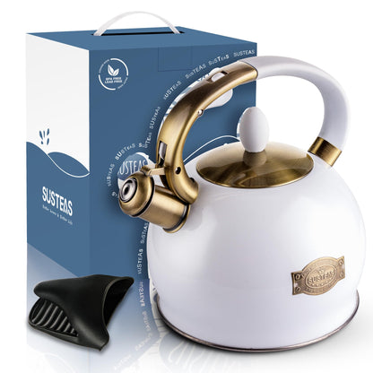 SUSTEAS Stove Top Whistling Tea Kettle - Food Grade Stainless Steel Teakettle Teapot with Cool Touch Ergonomic Handle, With 1 Silicone Pinch Mitt Included, 2.64 Quart(WHITE)