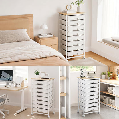 LEHOM Rolling Storage Cart with 8 Drawers, Utility Cart on Wheels with Metal Frame and Wooden Tabletop for Living Room Bedroom Dorm, Office Storage & Art Supply Craft Organizer for Classroom