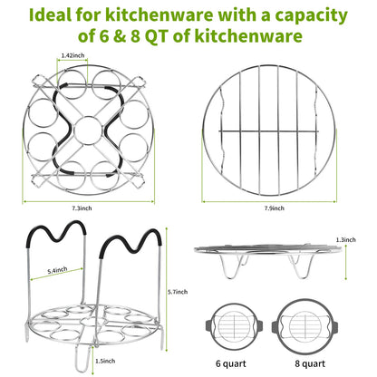 Steamer Cooling Rack Trivet Accessory Set, Include 9-holes Egg Steamer Cooking Rack with Heat Resistant Silicon Handles & Compatible for 6, 8 Quart Pressure Cooker Trivet, Instant Pot Accessories