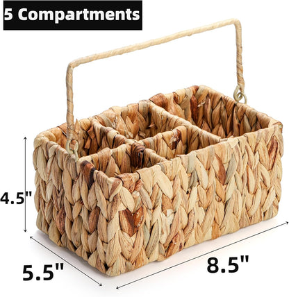 Wicker Flatware Organizer, Woven Utensil Caddy with Handle, Water Hyacinth Cutlery Holder for Picnic Silverware