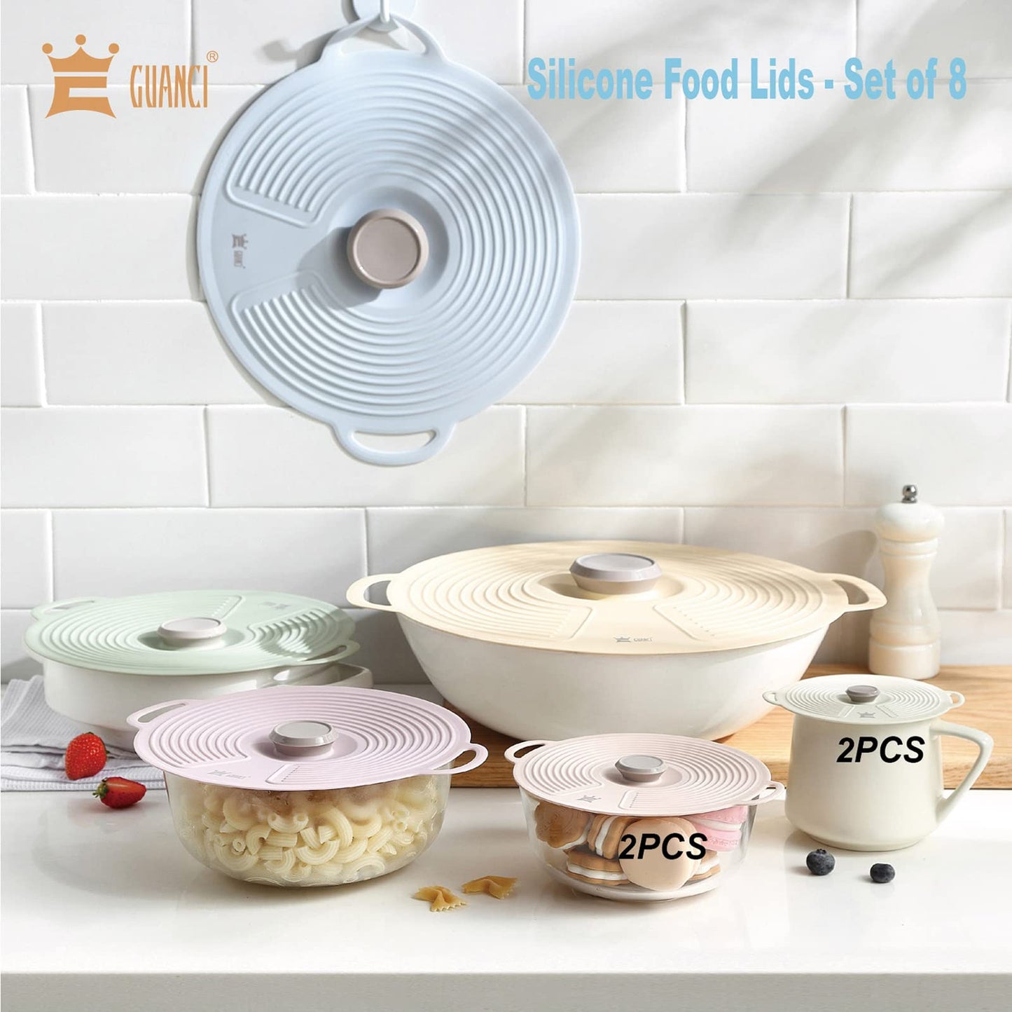 GUANCI Silicone Lids for Bowl 8 Pack, Microwave Splatter Cover with 6 Sizes Reusable Heat Resistant Lids Fits Cups, Bowls, Plates, Pots, Pans, Skillets, Stove Top, Oven, Fridge Dishwasher Safe