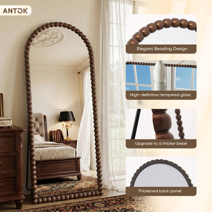 Antok 71" x 28" Arched Full Length Mirror, Antique Beaded Frame Floor Standing or Wall Mounted Mirror with Stand for Bedroom, Entryway, Brown, Luxury Style