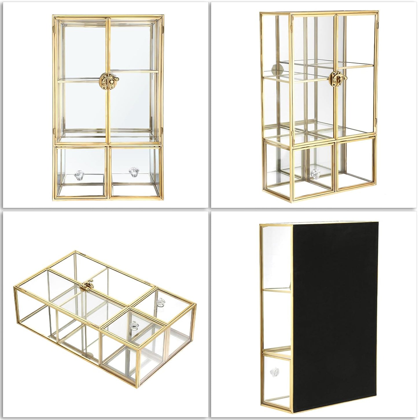 ELLDOO Clear Glass Storage Box with 2 Drawers, Gold Mirrored Jewelry Makeup Display Organizer Case