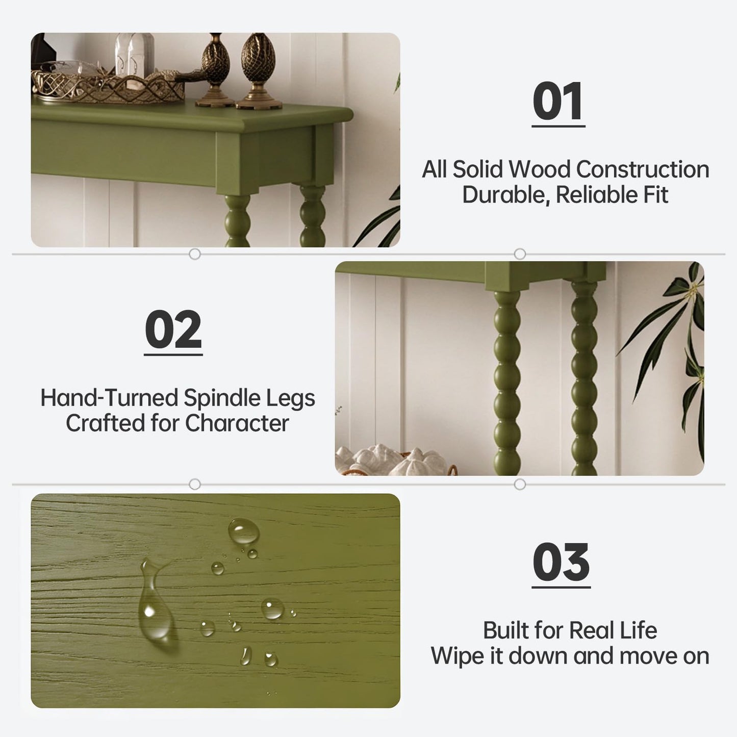 NKGIAG 45'' Vintage Console Table, 100% Solid Wood Tall Entryway Table with 2-Tier Storage for Entrance, Hallway, Foyer, Living Room, Narrow Couch Table Behind Sofa, Minimal Assembly, Green