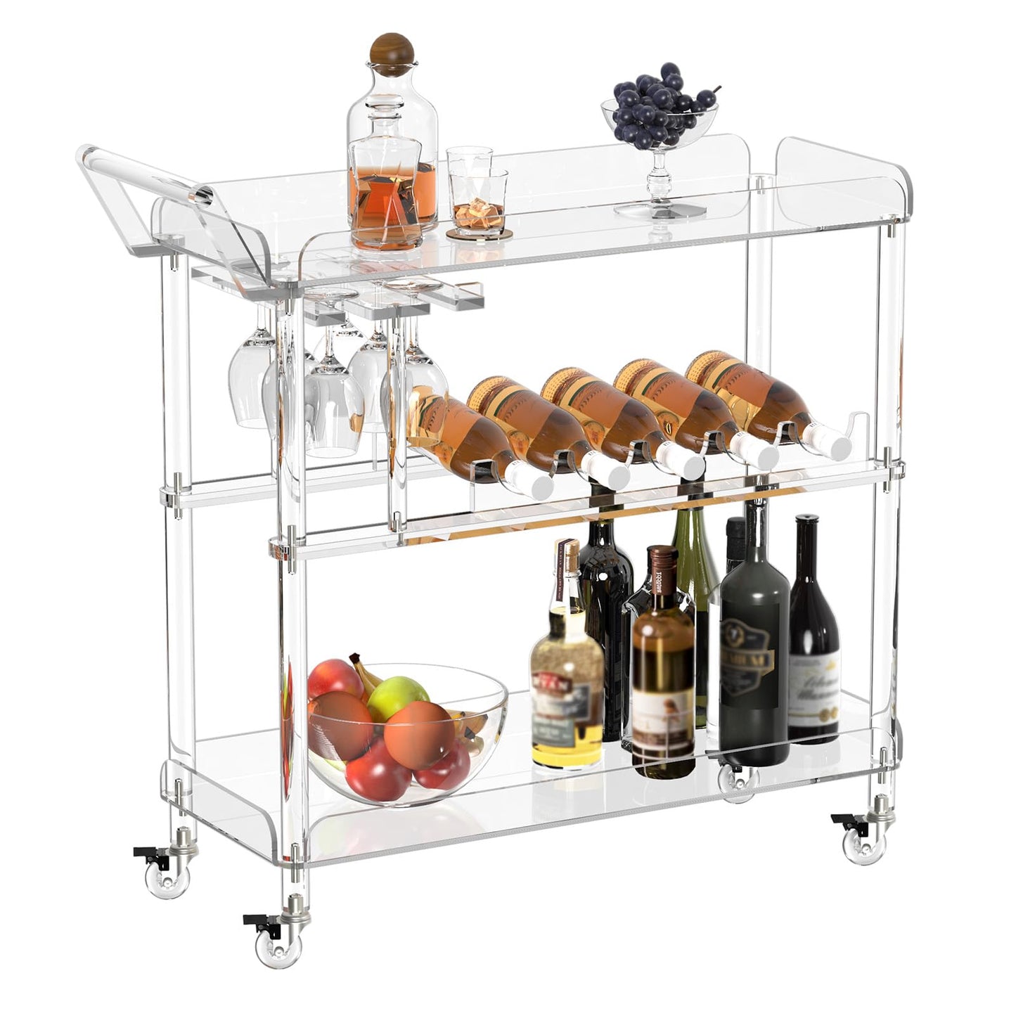 HMYHUM Acrylic Bar Cart with 4 Lockable Wheels, Clear Serving Cart with Wine Rack and Glass Holder, Rolling Beverage Cart for Home, Kitchen, Dinning Room, 33.7" L x 13" W x 34.8" H