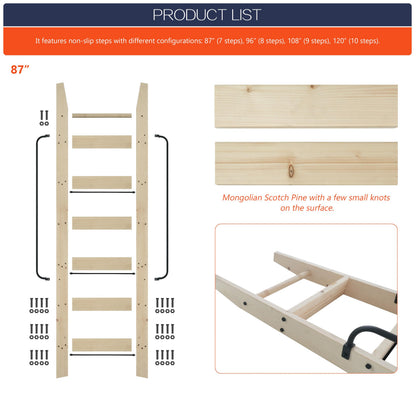 HARDJULAN 87" Knotty Pine Wood Library Ladder with Black Handrail – 300 lbs Capacity, Unfinished for Painting or Staining