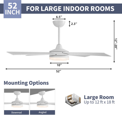 WINGBO 52 Inch Ceiling Fan with Lights and Remote, 3CCT, Modern Ceiling Fan with Ripple Glass Shade, 6-Speed Reversible DC Motor for Bedroom Living Room Kitchen Hallway, Gloss White