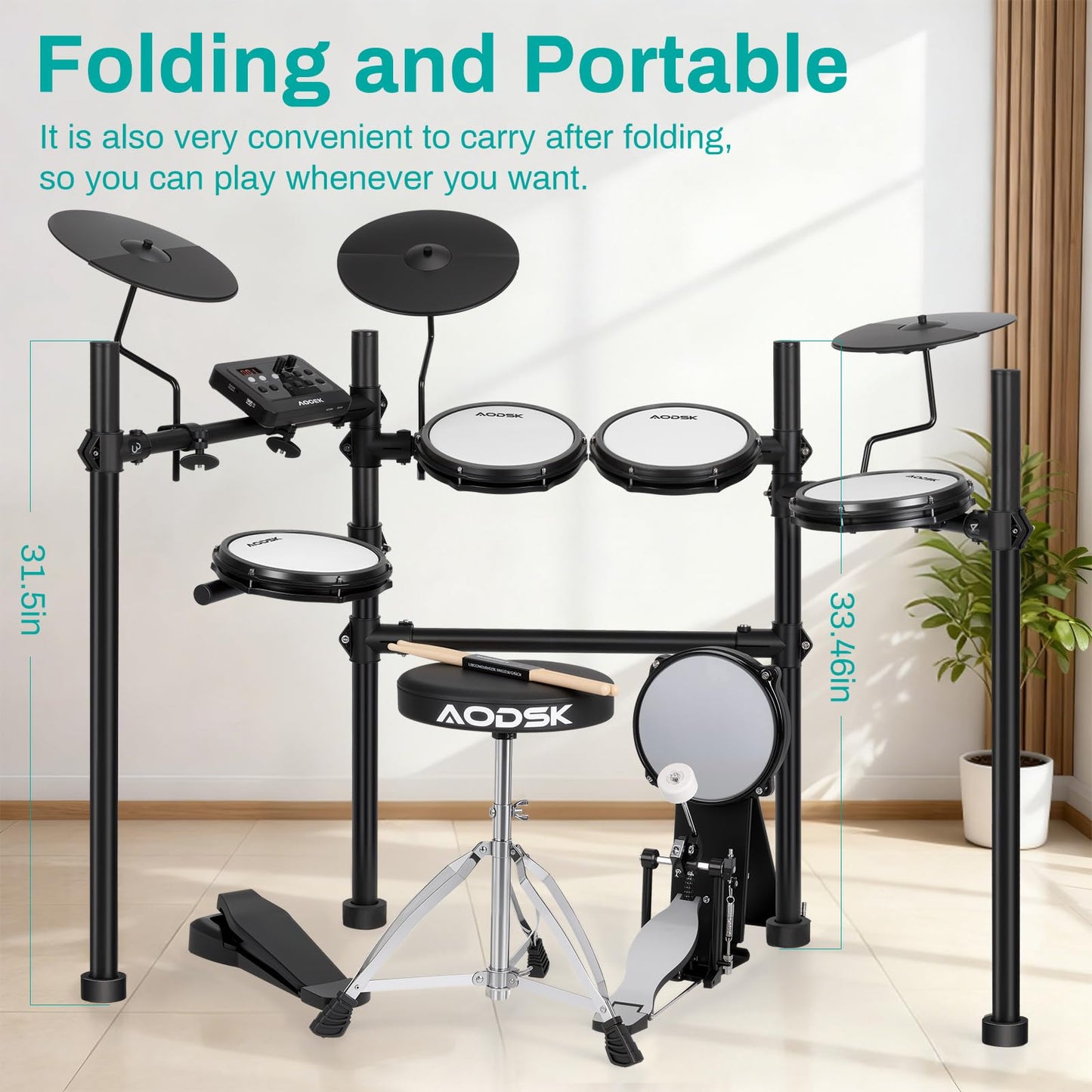 AODSK Electric Drum Set with Quiet Mesh Pads,Electronic Drum for Beginner,USB MIDI,Throne,Headphones,Sticks, Included 40 Kits and 450 Sounds