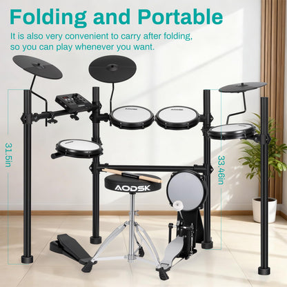 AODSK Electric Drum Set with Quiet Mesh Pads,Electronic Drum for Beginner,USB MIDI,Throne,Headphones,Sticks, Included 40 Kits and 450 Sounds