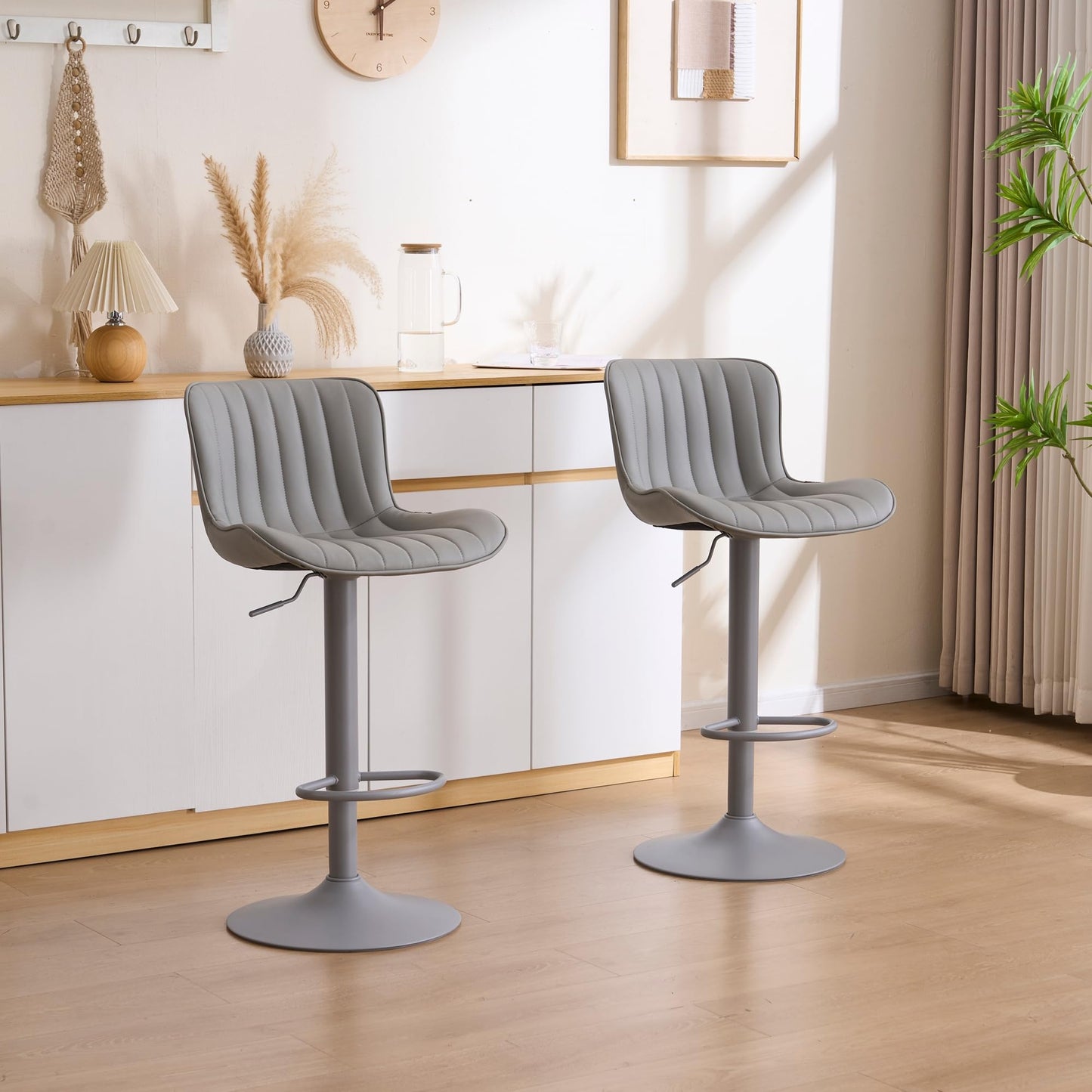 YOUNIKE Grey Bar Stools Set of 2 with Padded Back Adjustable Height Comfy Upholstered Faux Leather Bar Chairs Modern Swivel Kitchen Counter Barstools for Home Breakfast Island
