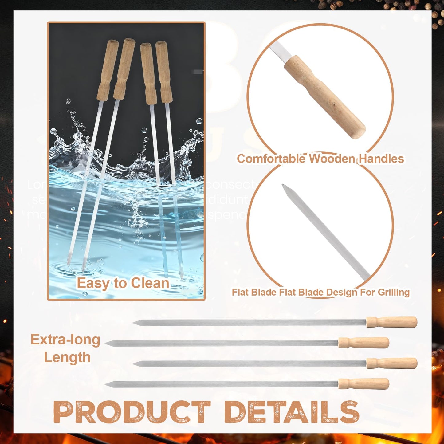Sawysine 16 Pcs 23.6" Stainless Steel Flat Skewers Bulk with Wooden Handle Large Heavy Duty Reusable Kabob Stick BBQ Barbecue Skewer for Grilling Meat Vegetables Outdoor Indoor Cooking