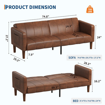 GarveeHome Futon Sofa Bed, 75-Inch Modern Faux Leather Convertible Couch, Mid-Century Loveseat for Small Space, Living Room, Bedroom, Brown