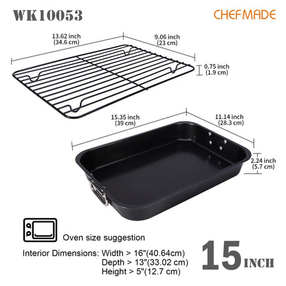 CHEFMADE Roasting Pan, 15-Inch Non-Stick Metal Turkey Pan with Rack, Banking Pan for Lasagna Vegetable and Meat, Chicken Roasting Pan 15.35" x 11.14" x 2.24"