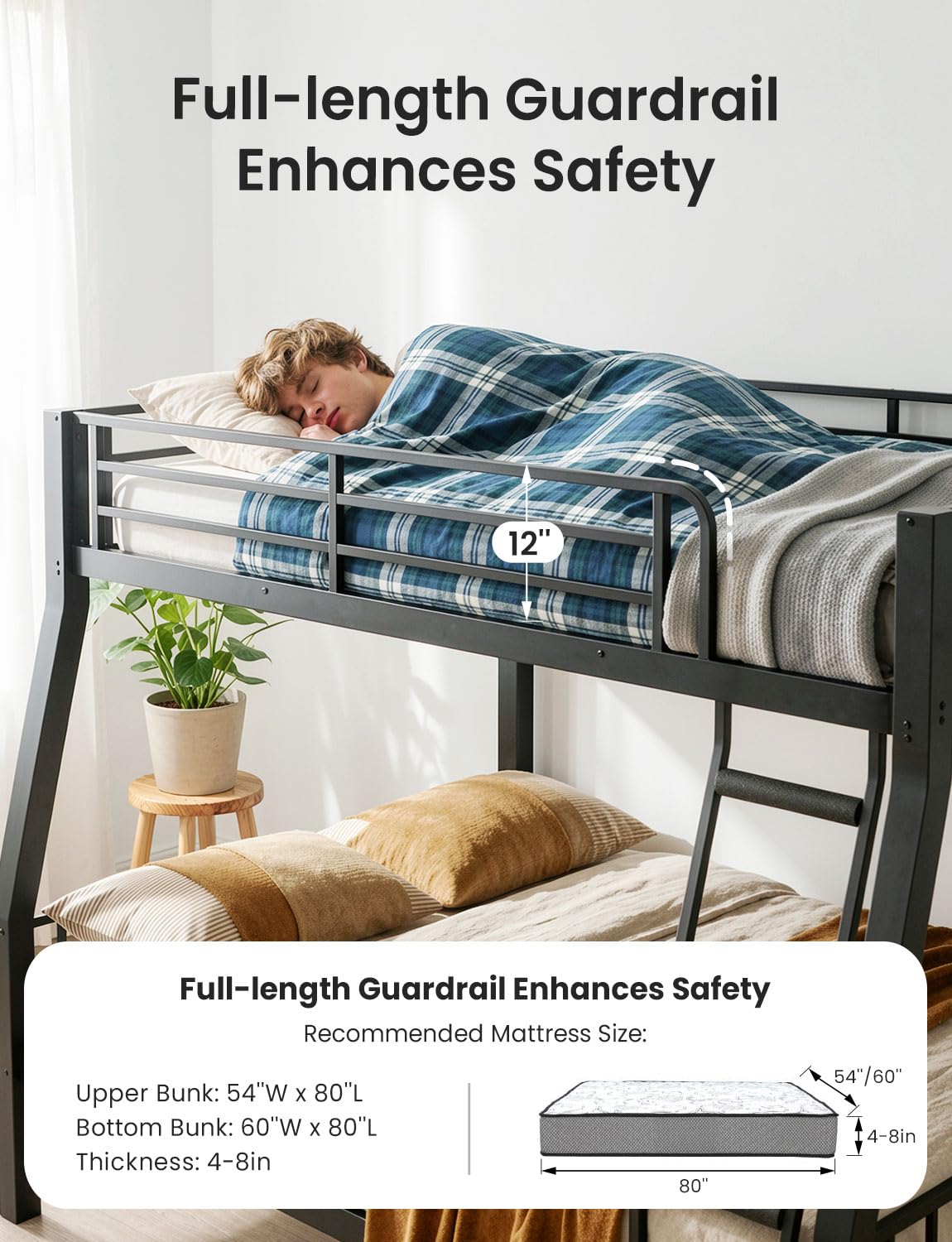 Mixcous Full XL Over Queen Bunk Bed for Adults, Heavy Duty Metal Bed Frame with Full-Length Guardrails & Anti-Slip Ladder, Noise-Free, No Box Spring Needed, Space Saving Queen Bunk Bed, Black