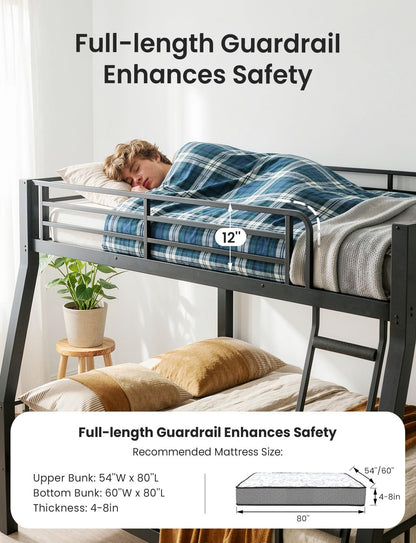 Mixcous Full XL Over Queen Bunk Bed for Adults, Heavy Duty Metal Bed Frame with Full-Length Guardrails & Anti-Slip Ladder, Noise-Free, No Box Spring Needed, Space Saving Queen Bunk Bed, Black