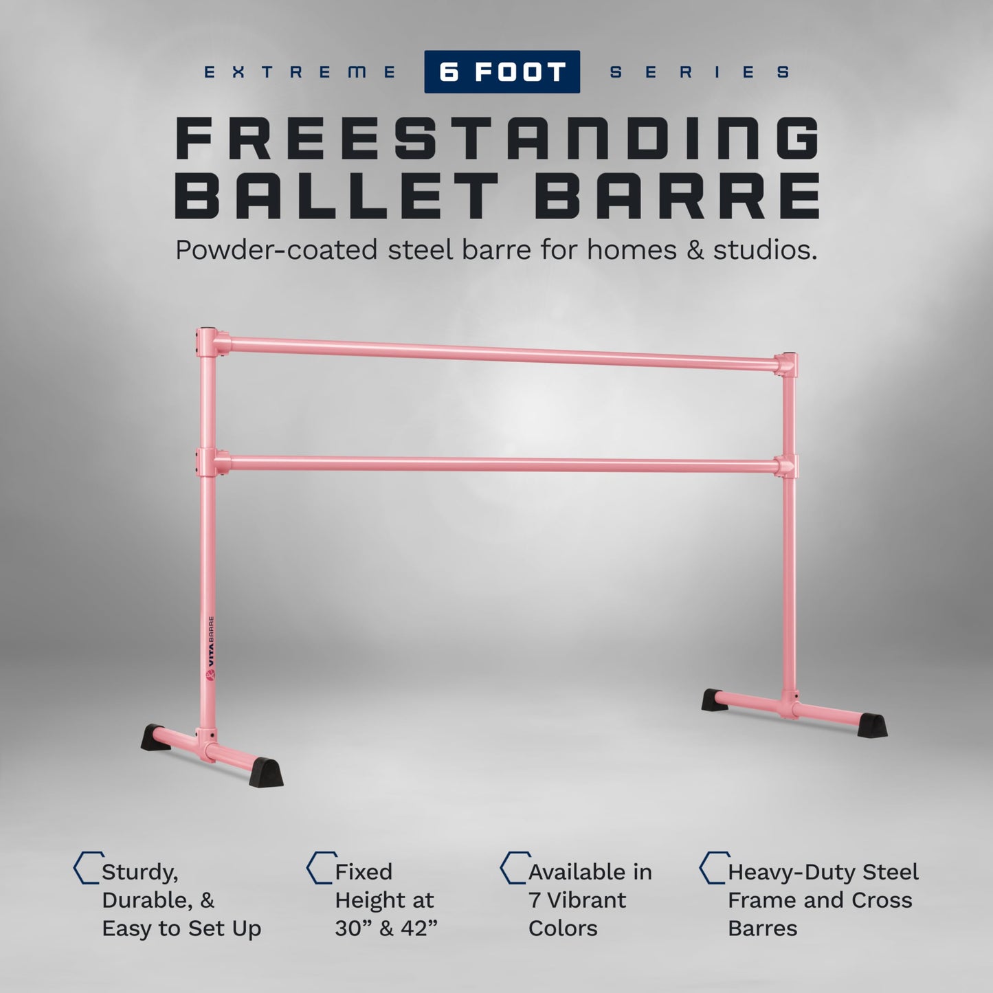 VITA Barre Portable Freestanding Double Ballet Barre, Extreme, 6 Ft Bars, Light Pink, Steel | Fixed Height, Made in USA, Home or Gym Exercise Equipment for Kids & Adults | Dance, Fitness, Pilates