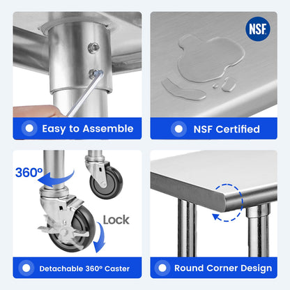 Hally Stainless Steel Table for Prep & Work 30 x 48 Inches with Caster Wheels, NSF Commercial Heavy Duty Table with Undershelf and Galvanized Legs for Restaurant, Home and Hotel