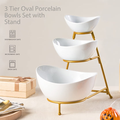 LYEOBOH 3 Tier Serving Bowls Set Tiered Serving Stand, Porcelain Oval Bowls with Collapsible Metal Stand for Entertaining, Party, Dessert Display, Candy, Chip and Dip (Gold)-45oz / 17.5oz / 7oz