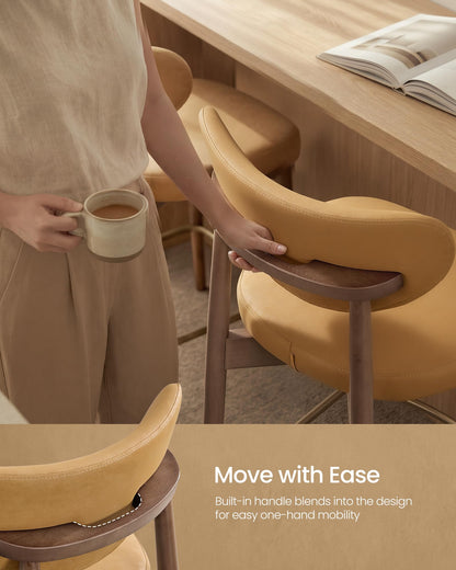VASAGLE Wooden Bar Stools Set of 4, Upholstered Counter Height Barstools with Solid Wood Legs, Ergonomic Backrest, Mid Century Modern, for Kitchen Island, Synthetic Leather, Caramel Brown