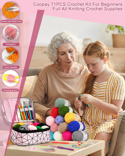 Coopay Crochet Kit for Beginner Adult Kids, 16 Colors Yarn, Portable, Double-Layer Case, Suitable for Kids & Adults