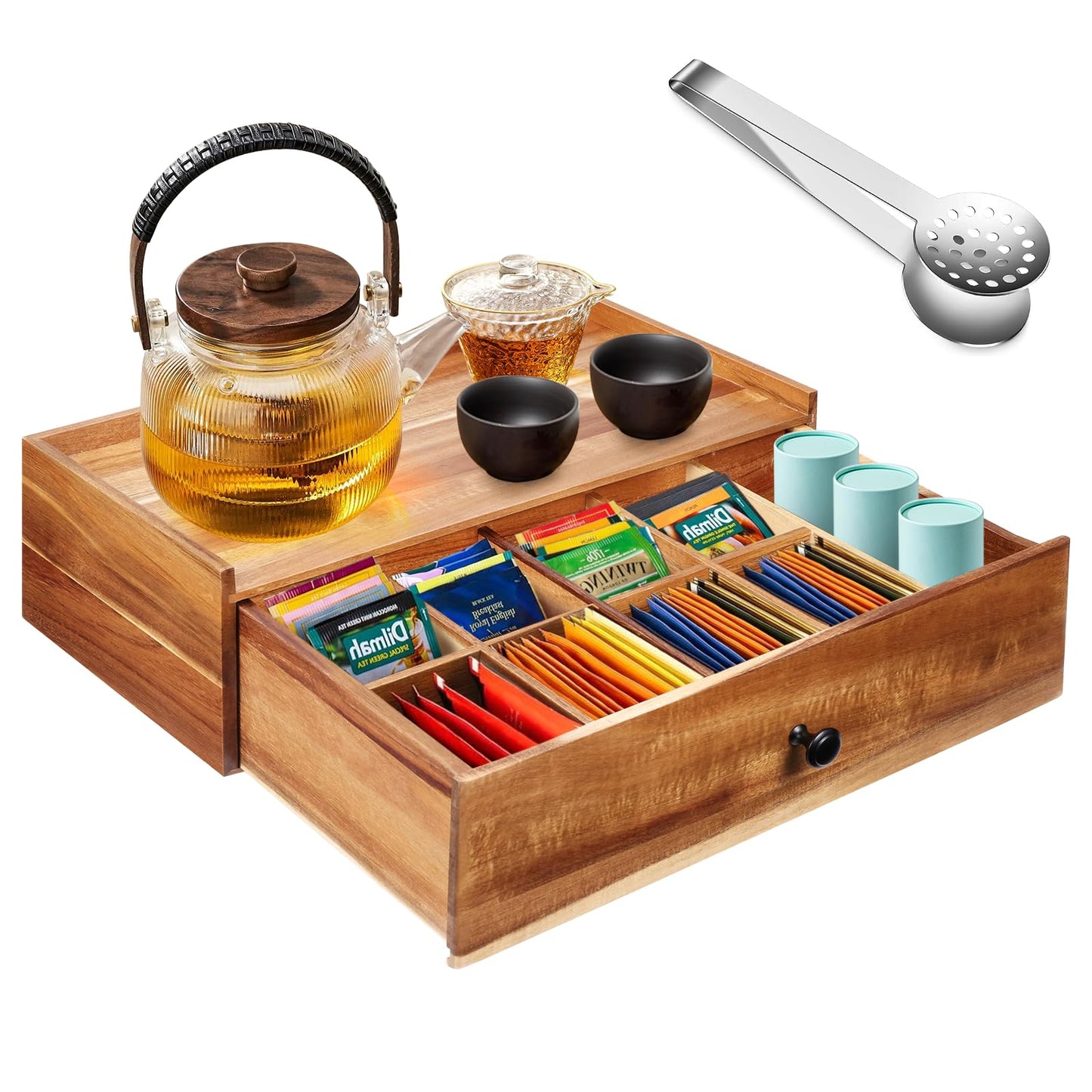 Acacia Wood Tea Bag Organizer with Tea Bag Squeezer, Tea Box Organizer Storage Box, Tea Bag Holder with Drawer, Tea Caddy for Tea Bags, Tea Bag Storage Station, Tea Bar Accessories for Countertop