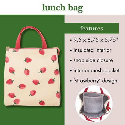 kate spade new york Cute Lunch Bag for Women, Large Capacity Lunch Tote, Adult Lunch Box with Silver Thermal Insulated Interior Lining and Storage Pocket (Strawberries)