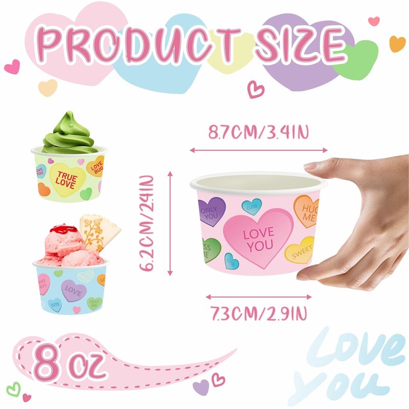 LANCU 60PCS Valentine Paper Ice Cream Cups 8oz Disposable Bowls Conversation Hearts Valentine Treat Snack Cups Pink Bowls for Hot or Cold Food Valentine Party Decor