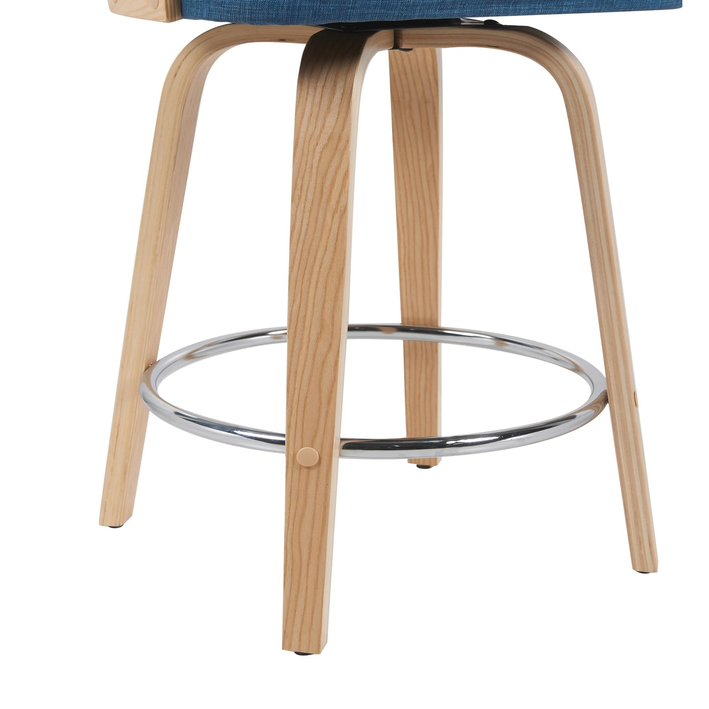 Sonia Modern Swivel Counter Height Bar Stool with Blue Upholstered Seat and Patterned Oak Wood Finish Set of 3