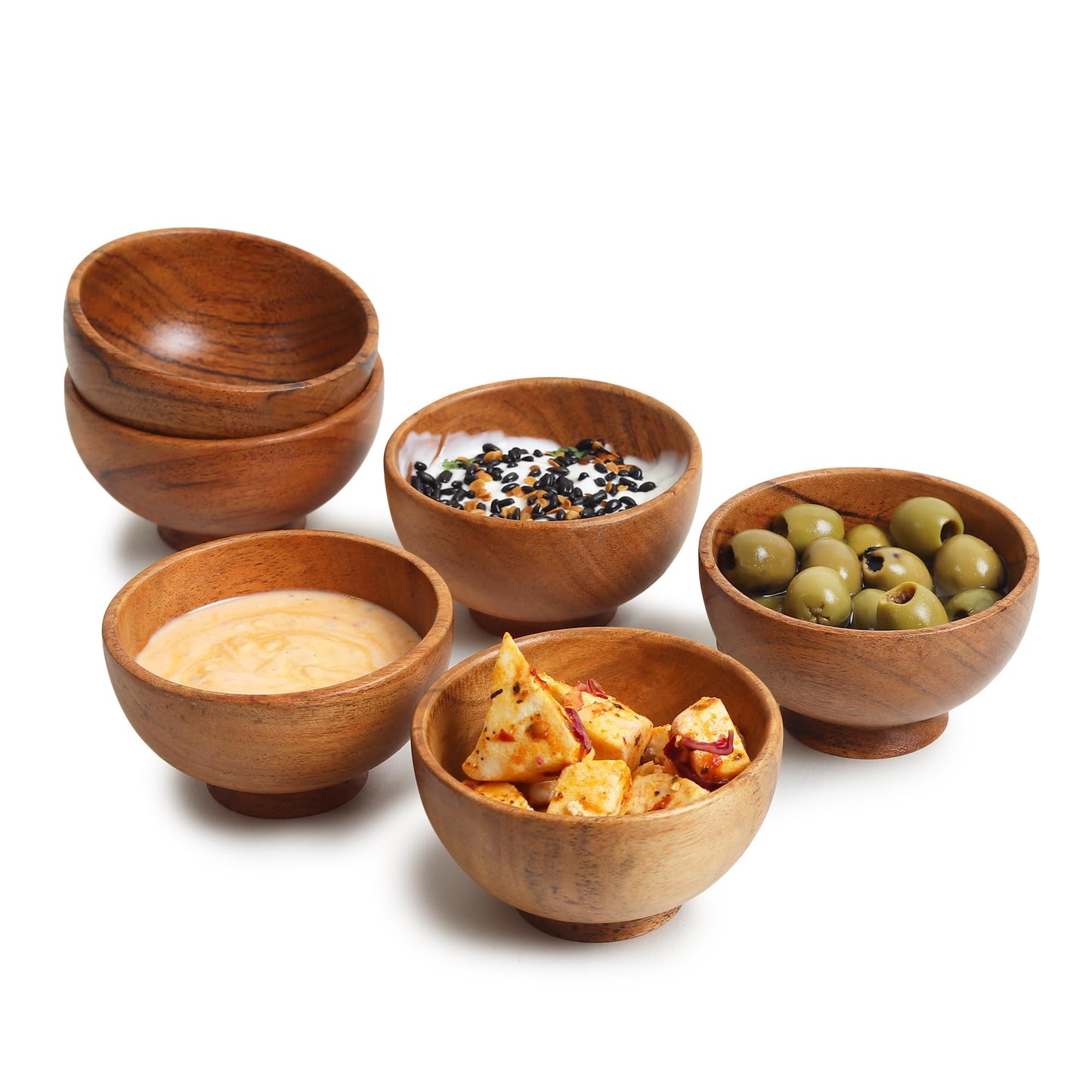 LAVAUX DESIGNS Set of 6 Acacia wood small bowls, 4 fl oz 3.2 * 2 inches | Hand carved small dipping bowls for sauce, salsa. Little bowls for ingredient prep, spices | Charcuterie boards accessories