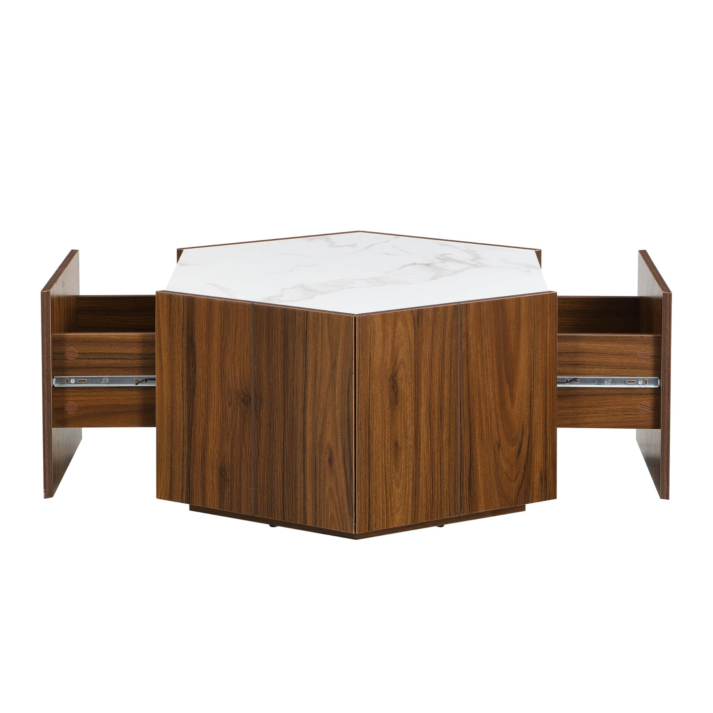 Merax Rustic Retro Coffee Table with 2 Hidden Drawers, Hexagonal Wooden Living Room Table with Textured White Marble Tops, Walunt Oak Finish